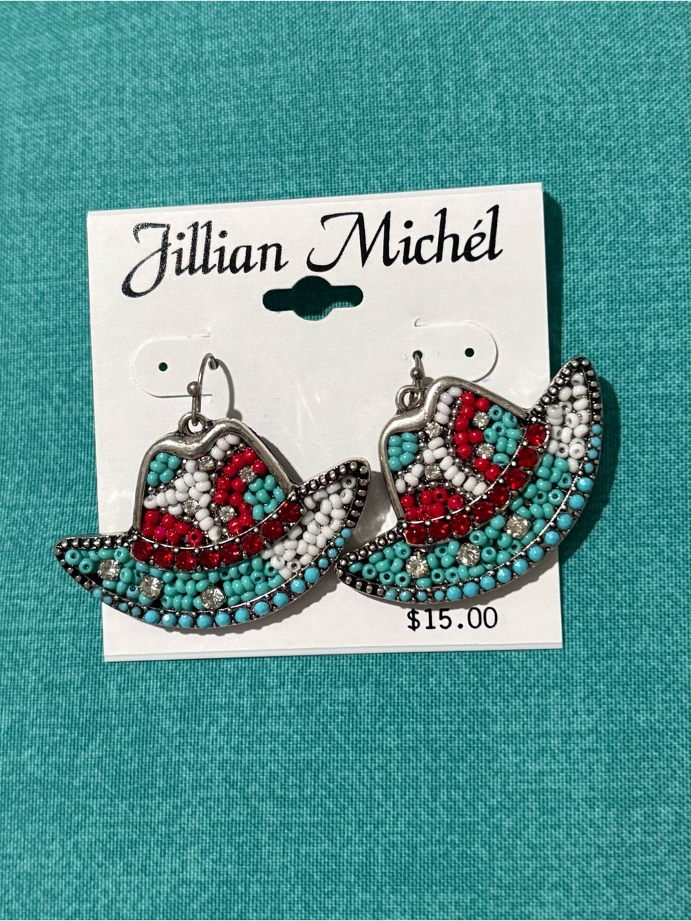 Turquoise & Red Beaded Cowboy Hat Earrings